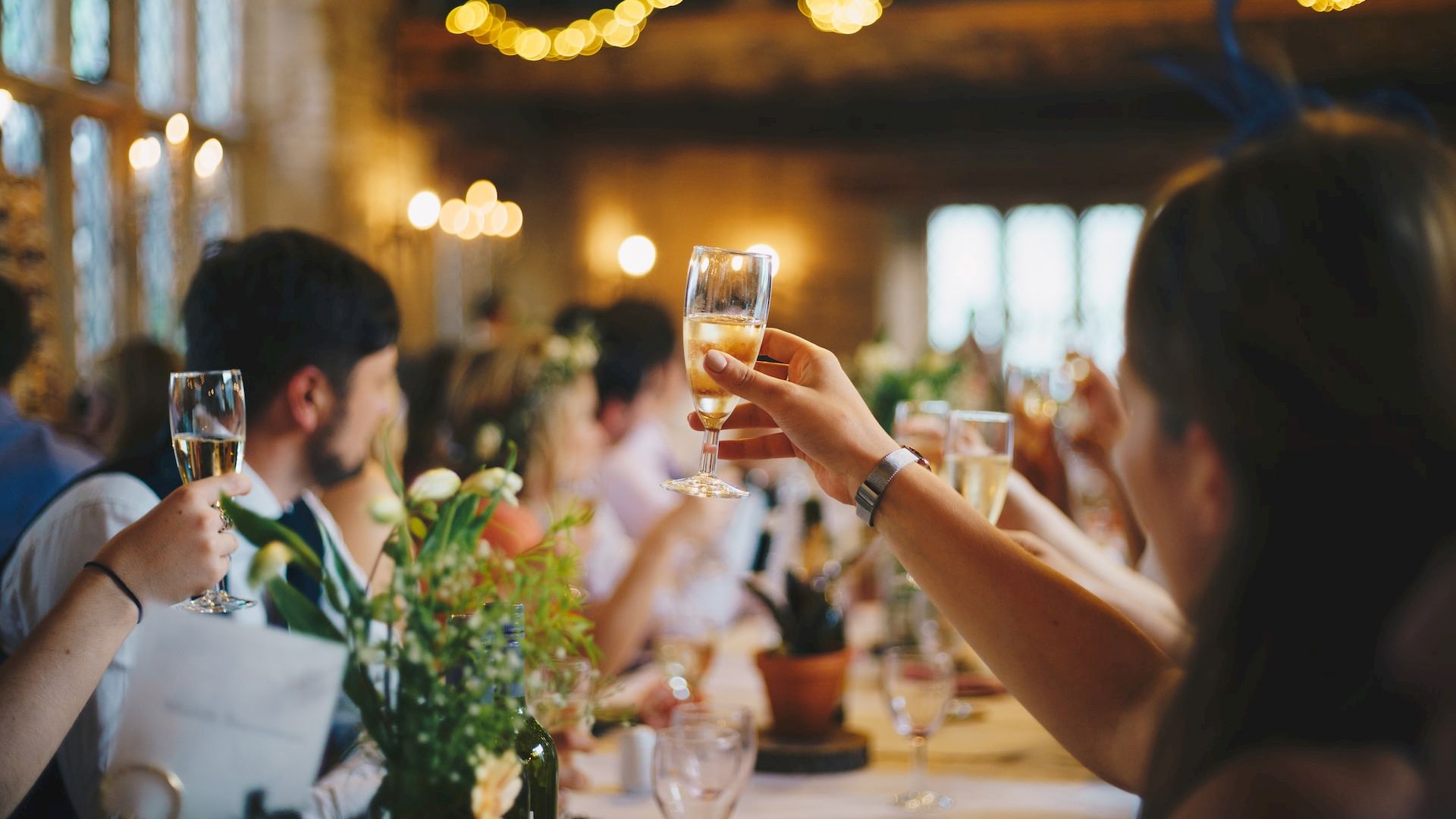 People are raising glasses in a celebratory toast at a warmly lit, festive gathering, with garlands of lights creating a cozy ambiance.