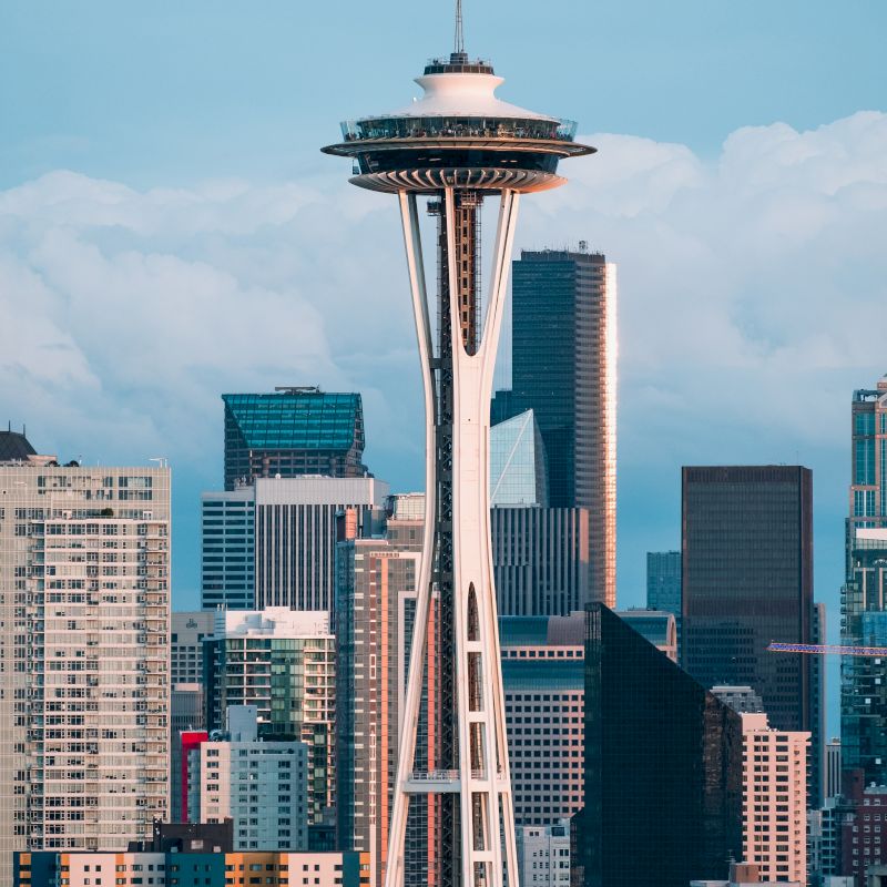 The image shows the Space Needle surrounded by downtown skyscrapers with a backdrop of cloudy skies, suggesting a cityscape view.